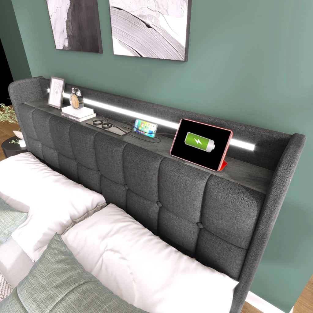 Letto 140x200 cm con LED, prese USB, 4 cassetti e rete a doghe in legno grigio