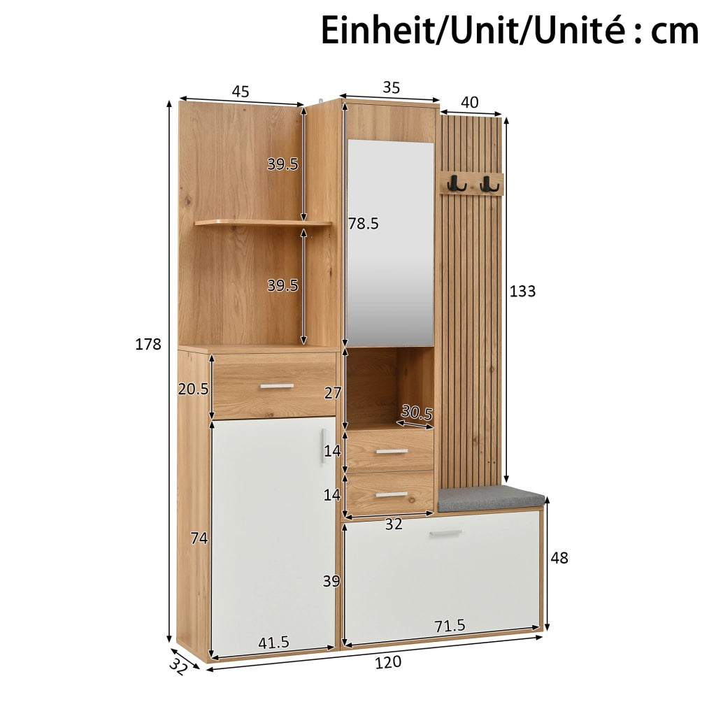 GARDEROBA MULTIFUNZIONE 120x32x178 cm Bianco e Naturale con specchio e LED