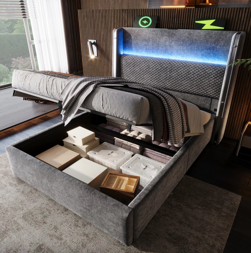 Letto singolo idraulico con testiera alta, LED e porte USB/Type-C