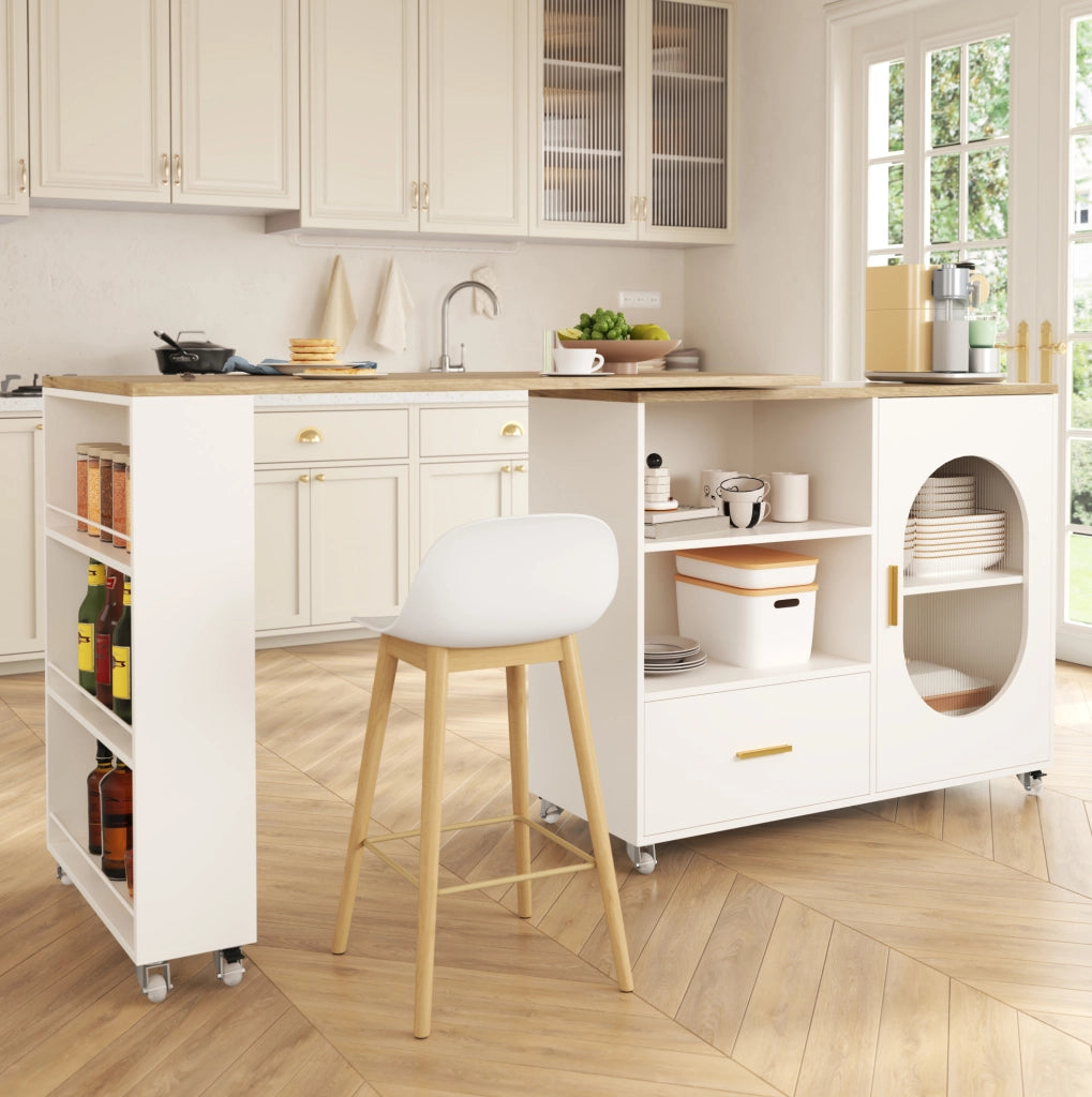 Isola cucina mobile con piano girevole 360° 120-180x60x90 cm; MDF naturale e bianco