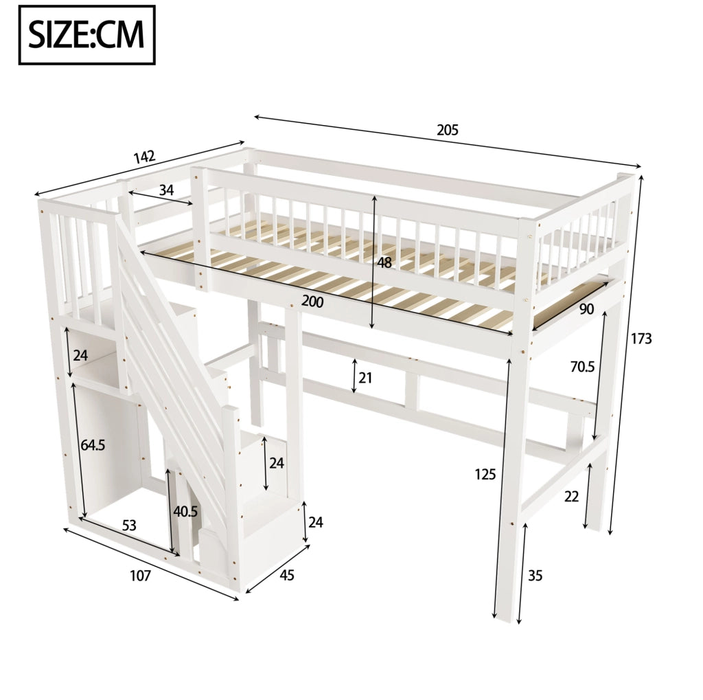 Letto a soppalco singolo 90x200 cm con scala contenitore; bianco