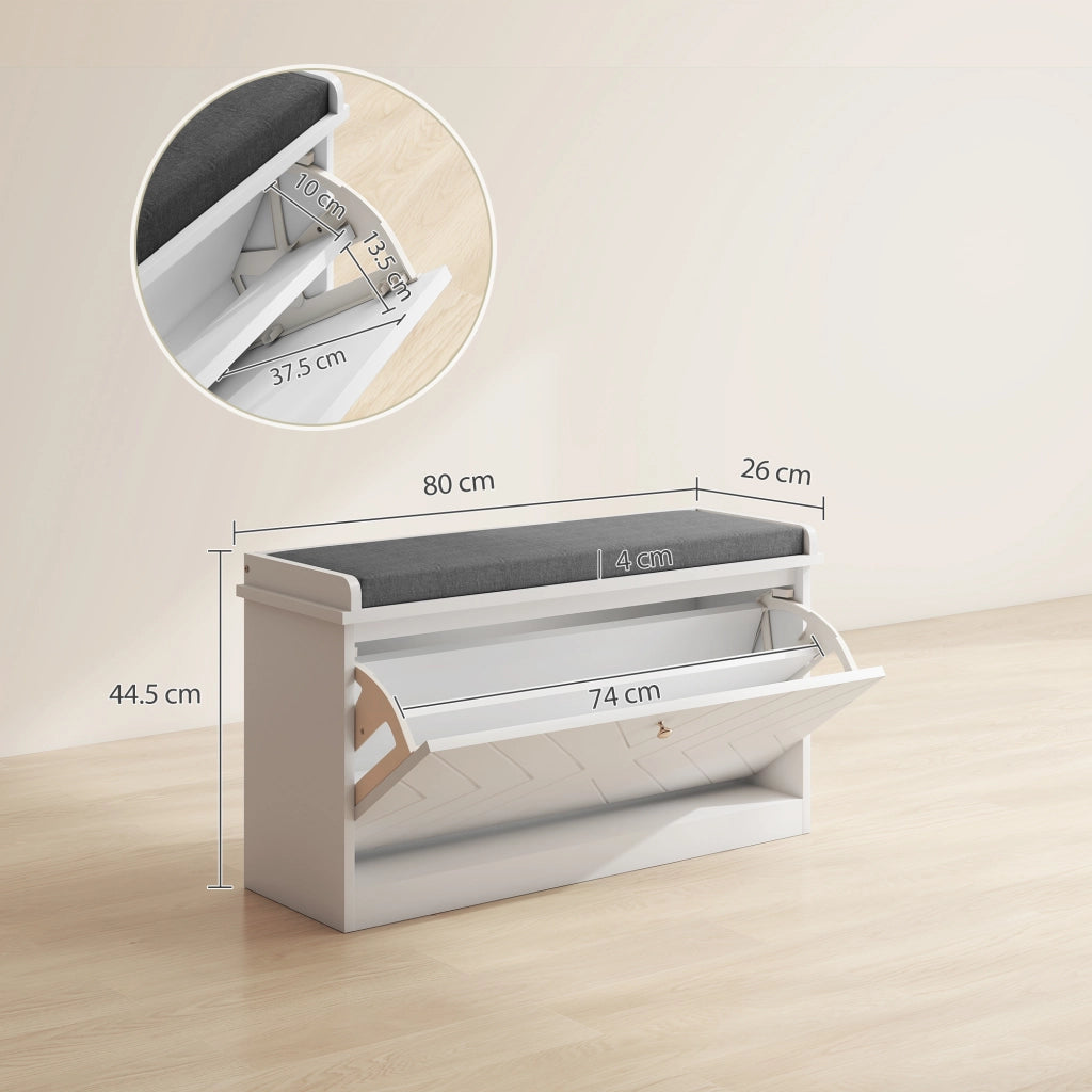 Panca Scarpiera Salvaspazio con Cuscino e Cassetto Ribaltabile per 8 Paia di Scarpe, 80x26x44.5 cm, Bianco