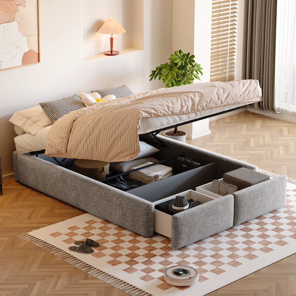 Letto contenitore 140 × 200 cm con sollevamento idraulico e 2 cassetti rivestito in tessuto grigio