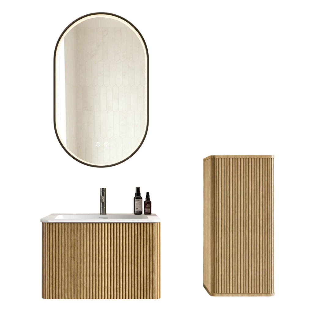 Set mobili bagno con lavabo e specchio LED regolabile in MDF rovere