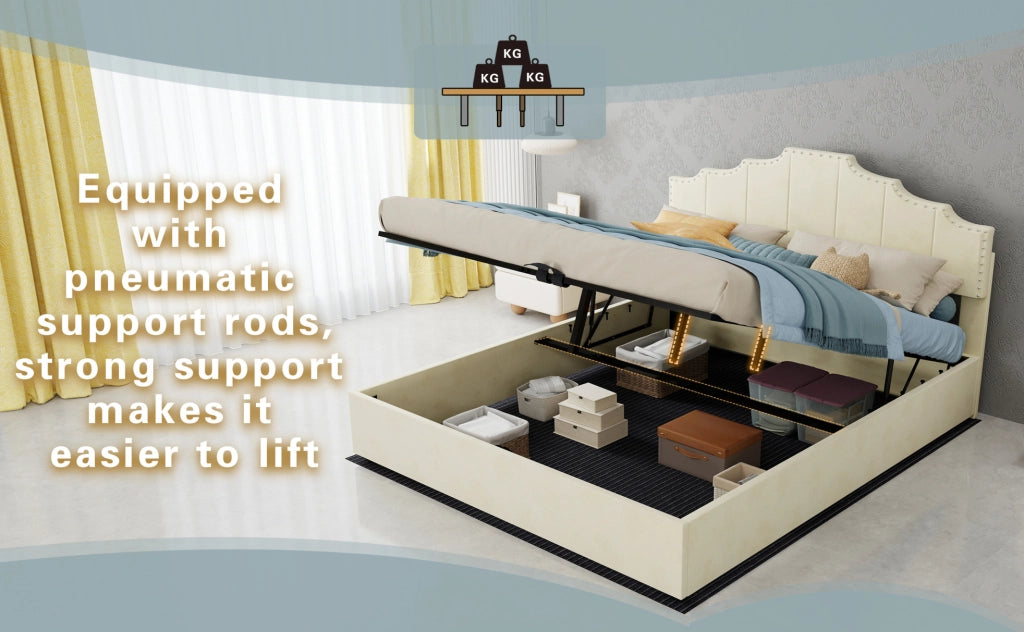 Letto matrimoniale imbottito ULEVR 160x200 cm con materasso incluso, testiera geometrica beige