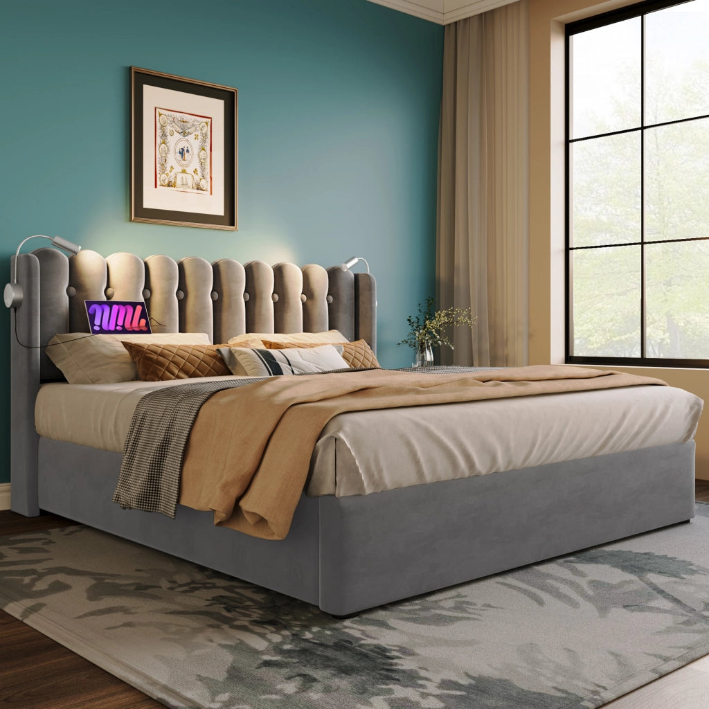 Letto contenitore 160 × 200 cm con testiera imbottita lampada da lettura USB rivestito in velluto grigio con rete a doghe