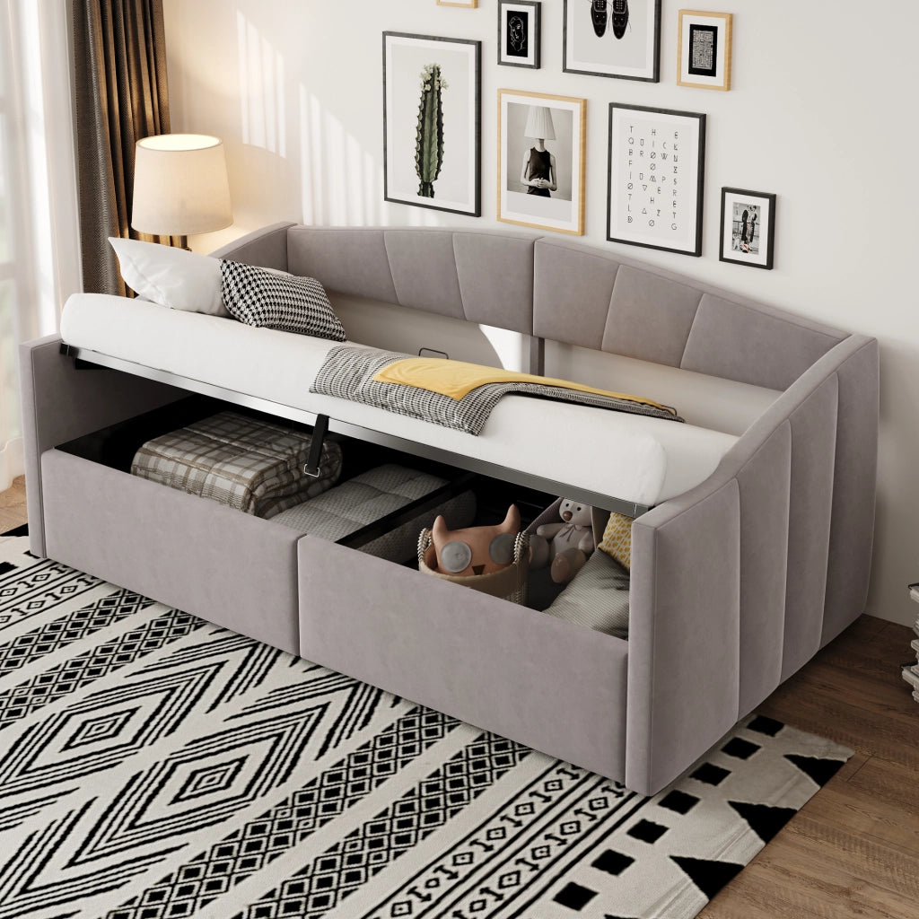 Letto singolo imbottito 90 ¡Á 200 cm con contenitore idraulico rete a doghe in velluto grigio chiaro con braccioli