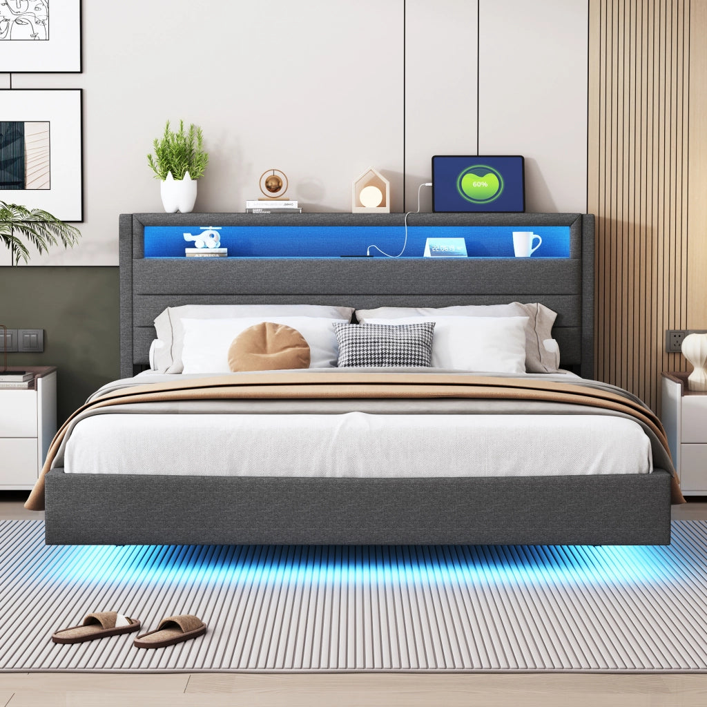 DESMIU Lit adulte 160 × 200 cm con USB, LED, testiera reversibile e piedi nascosti, senza materasso, grigio