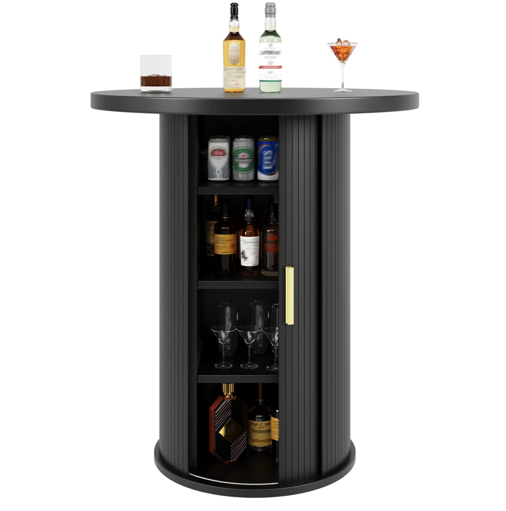 Tavolo da bar rotondo 60x60x91;6 cm con mobile a 4 ripiani in MDF e metallo; nero