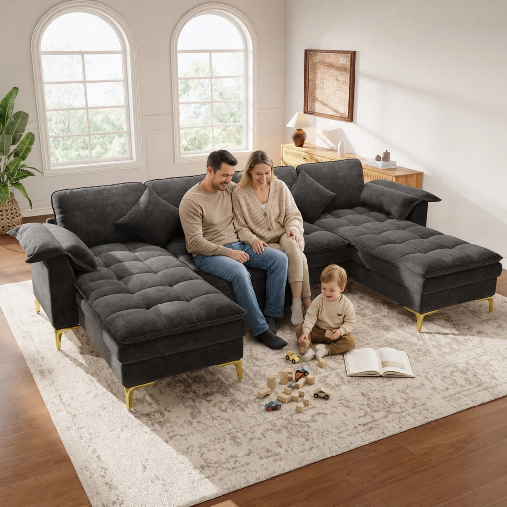Divano angolare a U 4 posti - con 2 chaise longue e cuscini - in chenille grigio