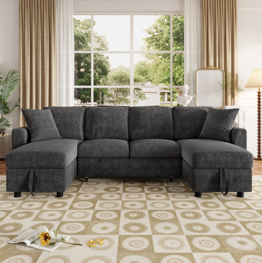 Divano letto a U estraibile 260x128 cm in ciniglia grigio scuro con USB e USB-C
