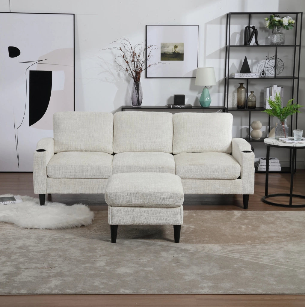 Divano 4 posti in ciniglia beige con pouf contenitore