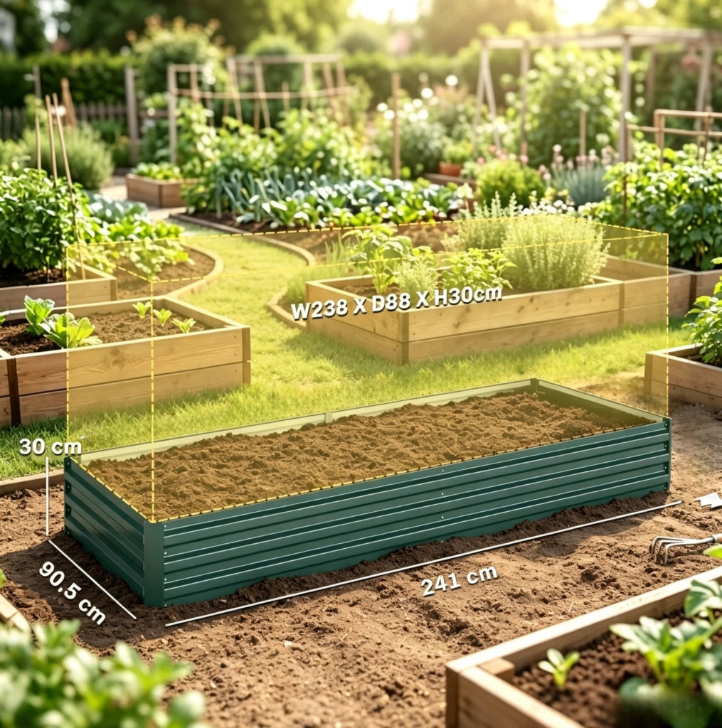 Orto rialzato in lamiera d'acciaio verde scuro 241x90,5x30 cm per giardino e piante
