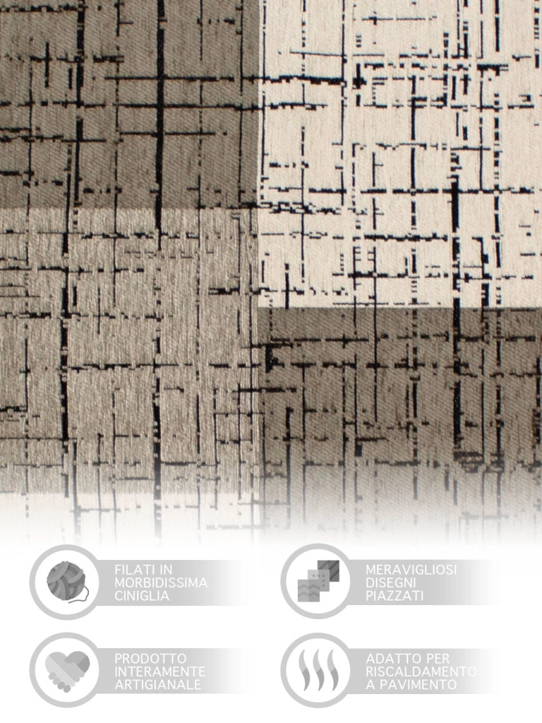 Tappeto Arredo Moderno Morbido in Ciniglia Ingresso Antiscivolo Prodotto Italiano  Soggiorno Camera Salotto Disegni Piazzati Cotone Varie Misure Grande Mondrian/Grigio - 65x175 cm