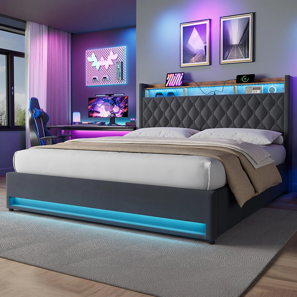 Letto contenitore 180x200 cm; LED RGB; porta USB; testiera imbottita; vano contenitore; mensola; velluto grigio; materasso escluso