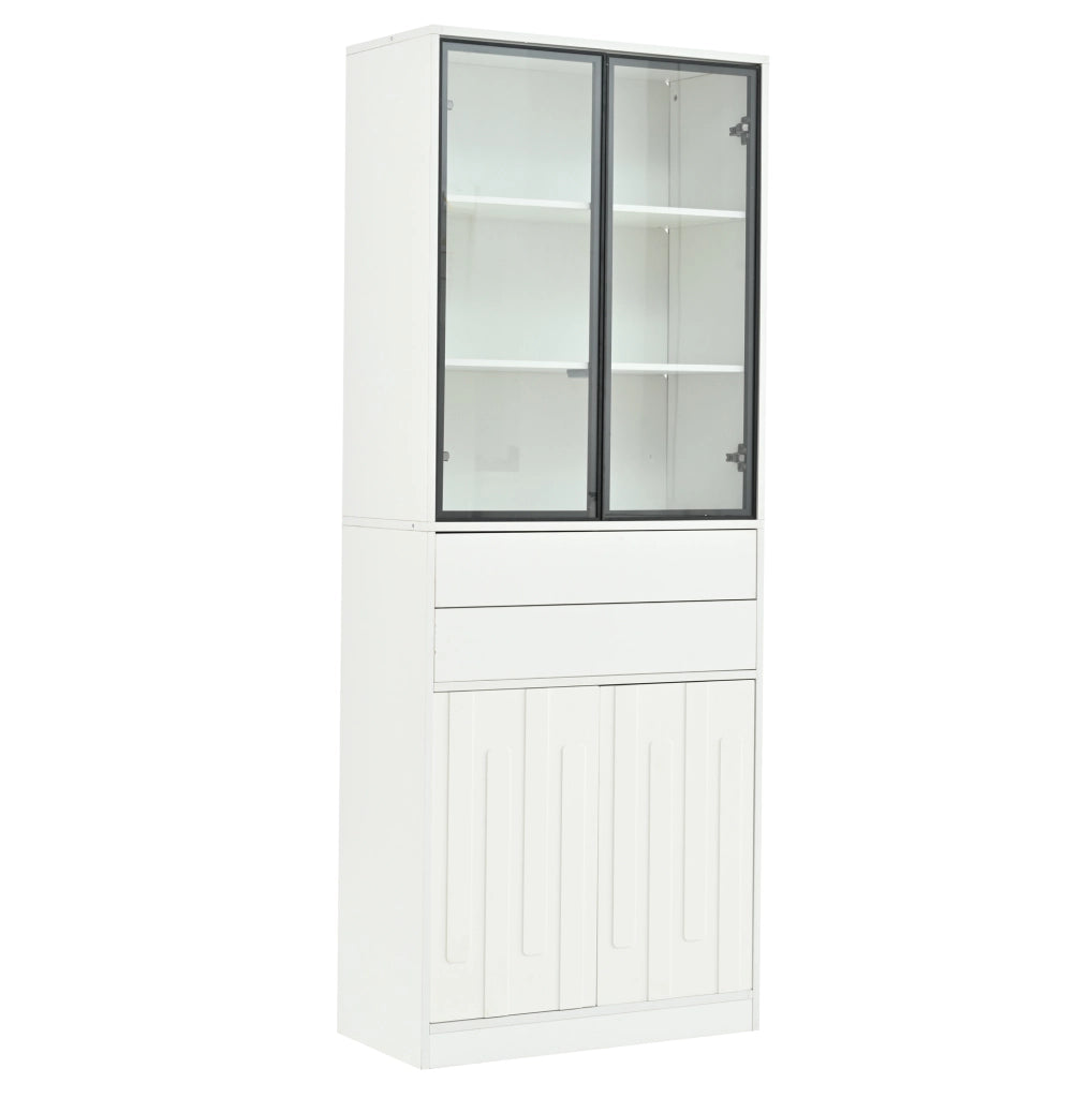 Vetrina alta 70×34×180 cm bianca con LED, 2 cassetti e ante in vetro temperato per soggiorno e cucina