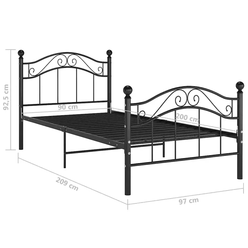 Letto singolo | Letto per adulti | Giroletto Nero in Metallo 90x200 cm