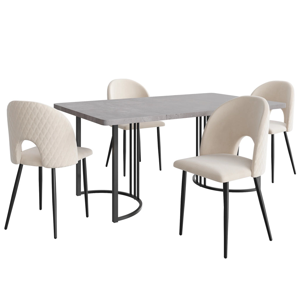 Set tavolo da pranzo 140x80 cm grigio MDF; 4 sedie beige in velluto