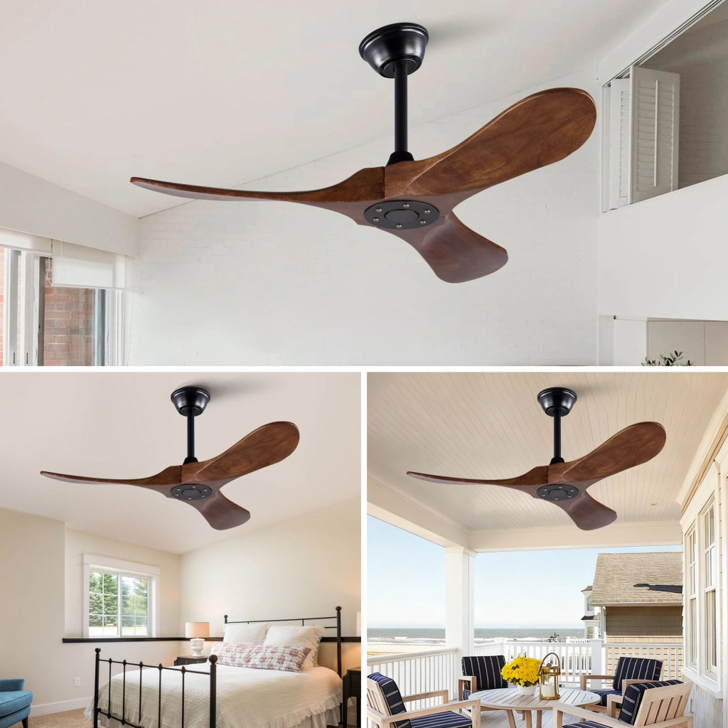 Ventilatore da soffitto senza luce con 3 pale in legno motore DC reversibile con telecomando nero e noce scuro