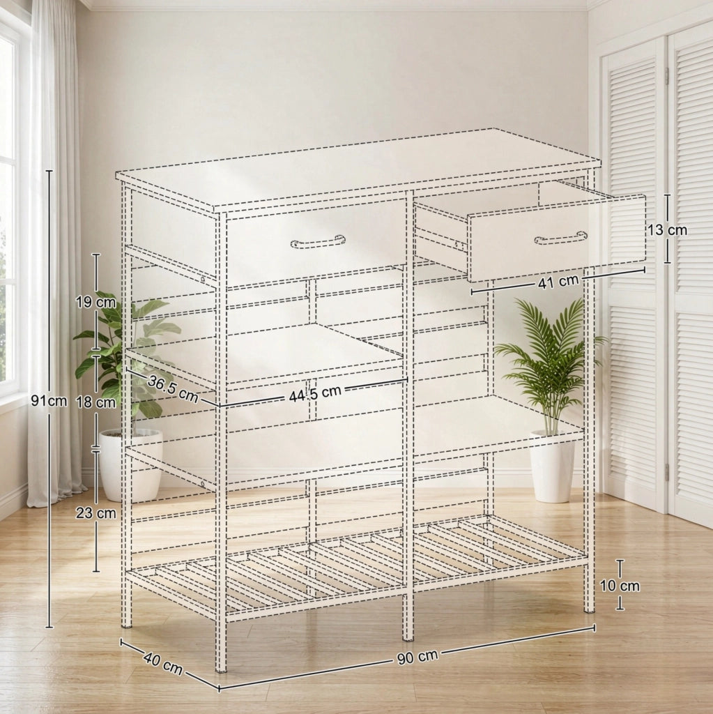 Credenza ULEVR 90x40x91 cm con 2 cassetti e 3 ripiani aperti, pannello truciolare e acciaio naturale e nero