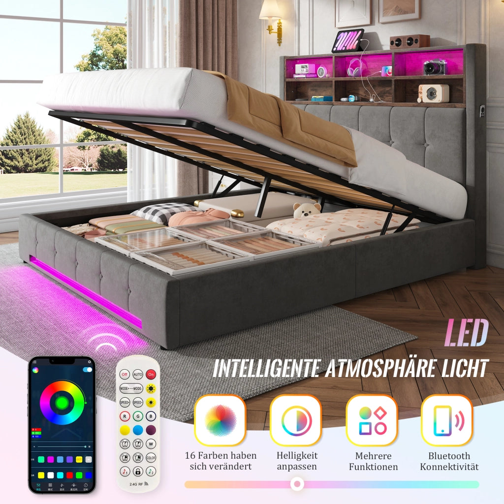 Letto matrimoniale 160x200 cm in velluto grigio scuro con contenitore idraulico e LED
