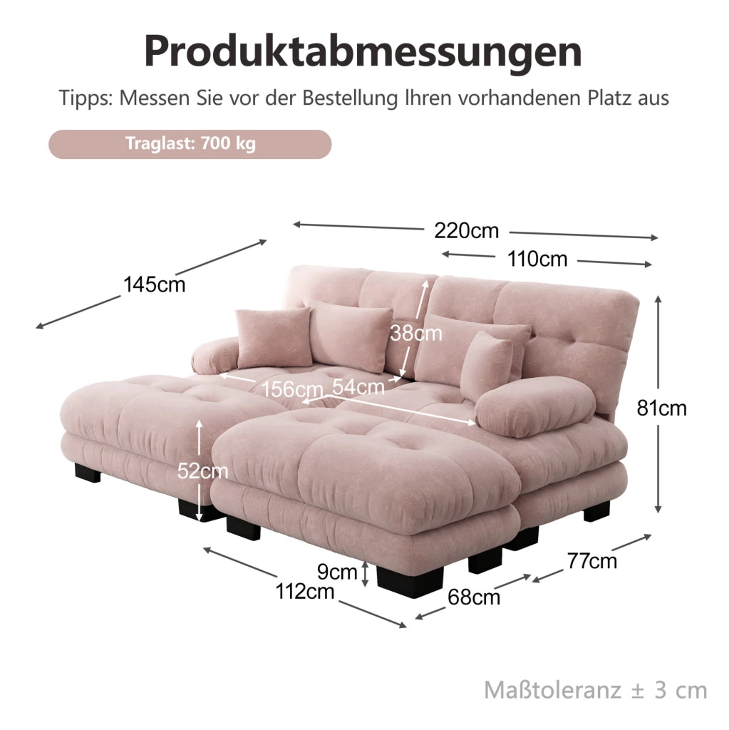 Divano modulare in ciniglia rosa con pouf mobili