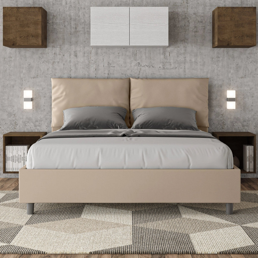 Letto Matrimoniale 160x210 cm con Rete e Contenitore con Alzata Comoda Imbottito in Similpelle Antea Tortora