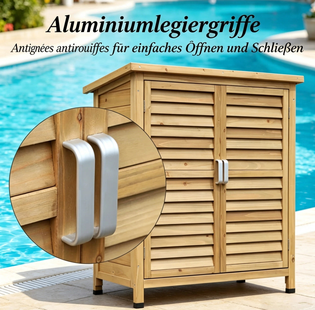 Armadio da esterno in legno di abete giallo con tetto impermeabile, 87x46,5x96,5 cm, spazio per attrezzi da giardino