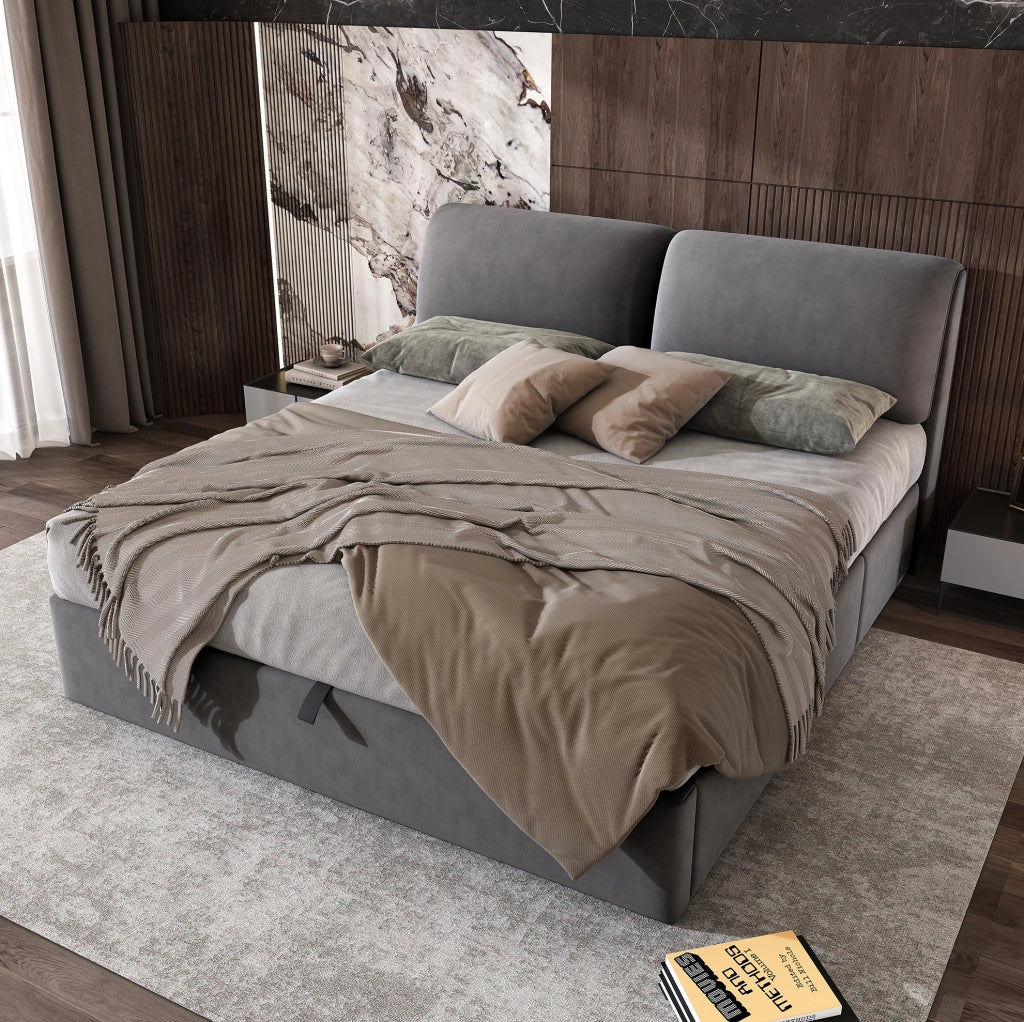 Letto contenitore imbottito 160x200 cm in velluto grigio con 3 cassetti e testiera regolabile