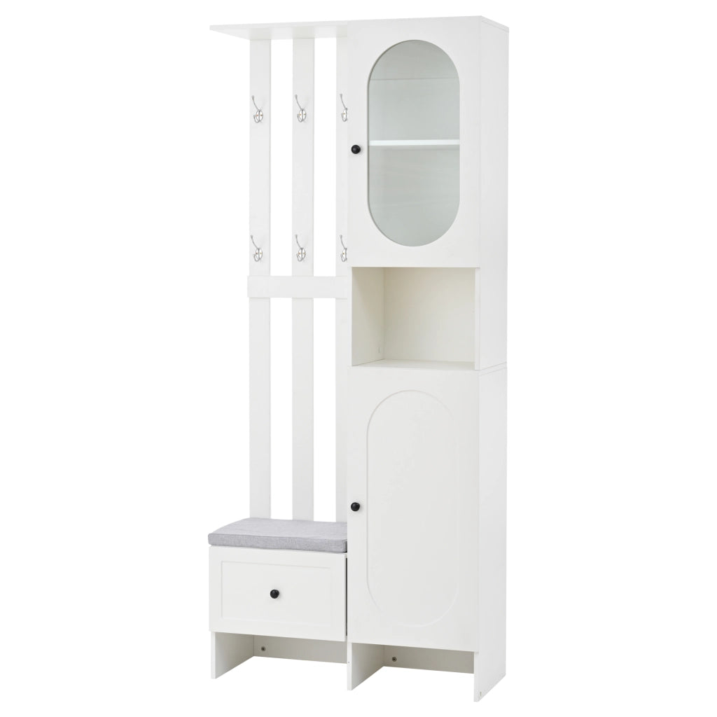Guardaroba da ingresso compatto 85 x 33,5 x 200 cm con doppio armadio, ganci e panca per scarpe, bianco