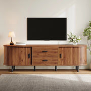 Mobile TV 150x40x55 cm con ante scorrevoli; 2 cassetti e ripiani; struttura MDF e pannello truciolare noce