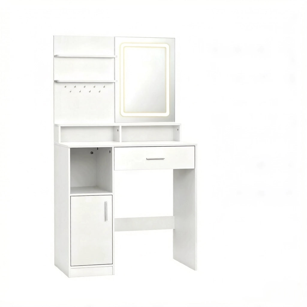 Tavolo da toeletta con specchio LED a 3 luci, cassetto, ripiani e vani, moderno, per camera, bianco, 80 × 40 × 140 cm