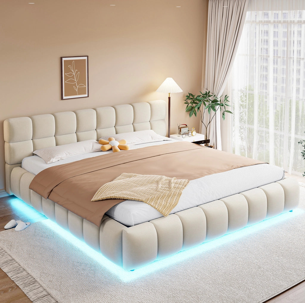 Letto imbottito 180x200 cm in velluto beige con contenitore idraulico e LED