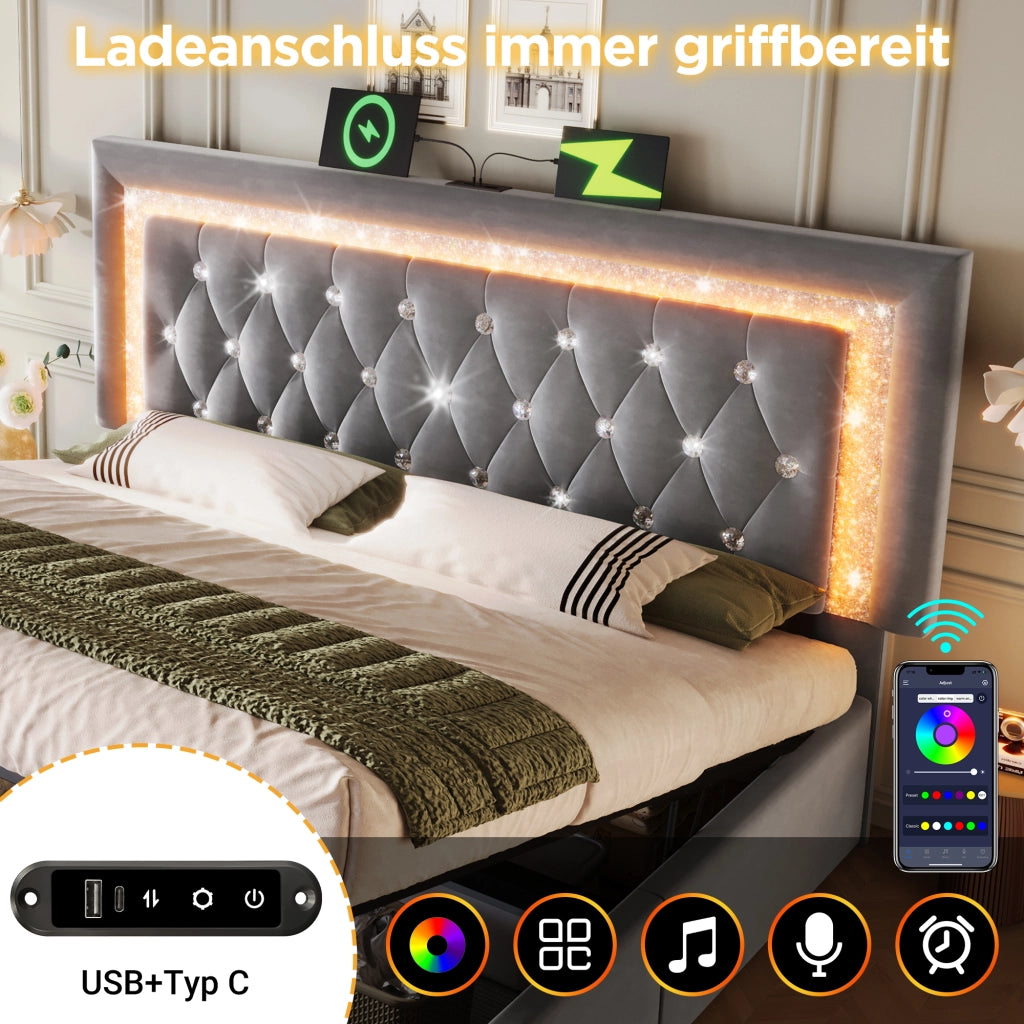Letto matrimoniale con contenitore 140 × 200 cm imbottito in velluto grigio con LED USB e Type-C