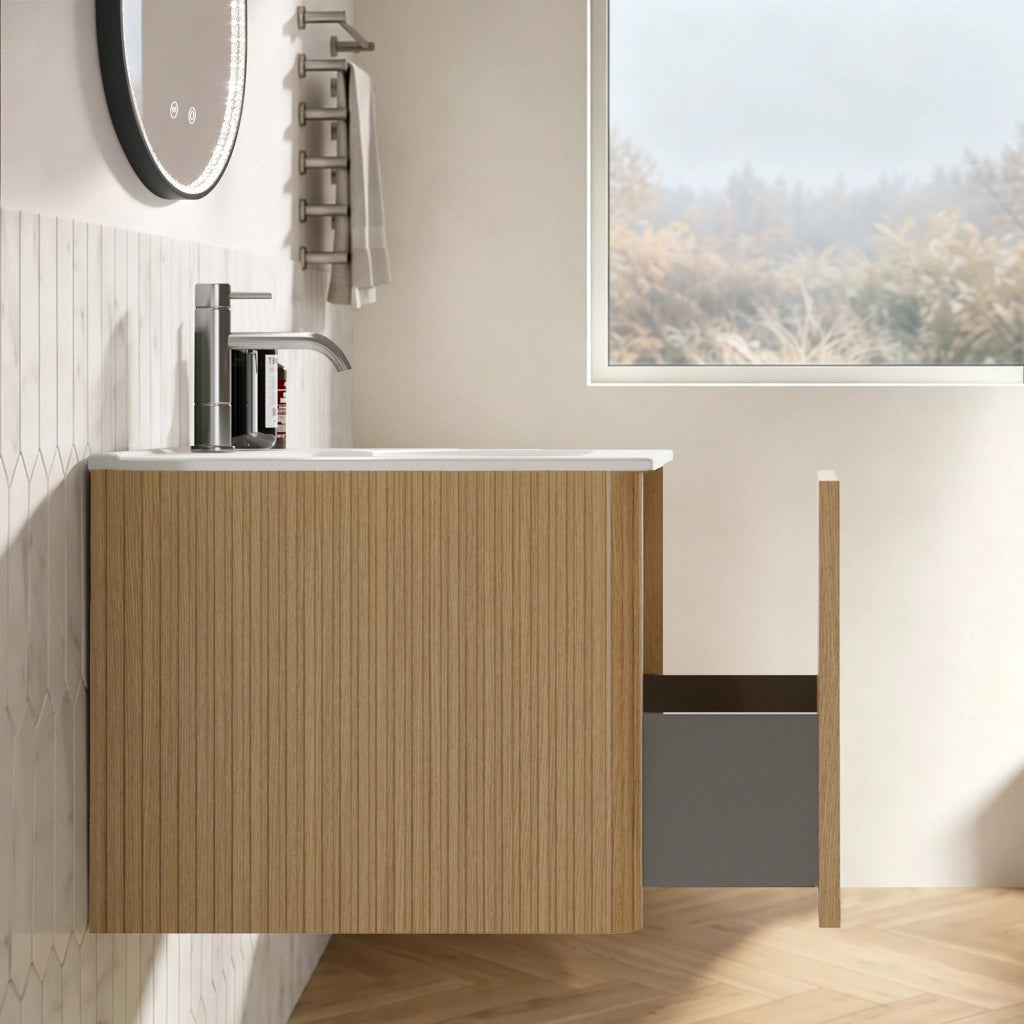 Mobile da bagno con lavabo integrato e specchio LED, per bagno, in MDF, rovere
