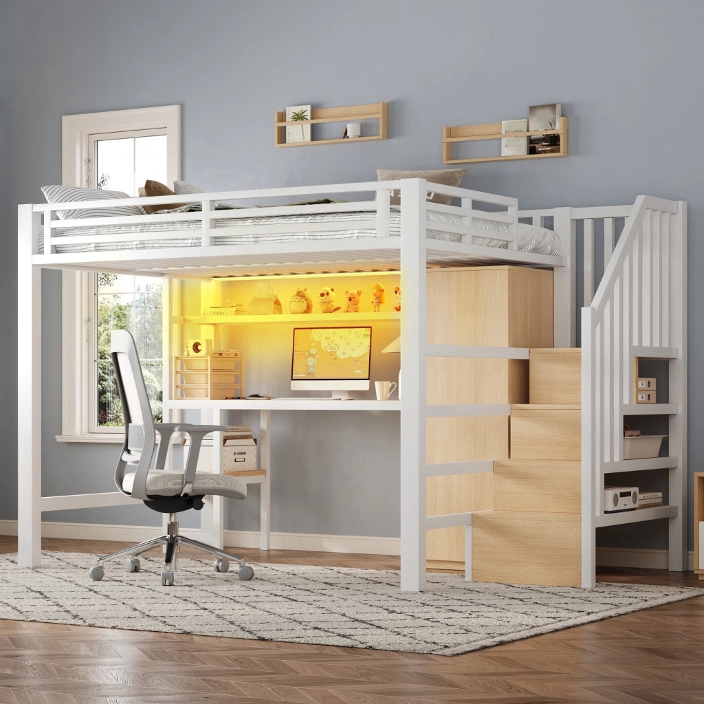 Letto a Soppalco 140x200 cm con Scrivania; Armadio; Mensola LED; Scala - Bianco
