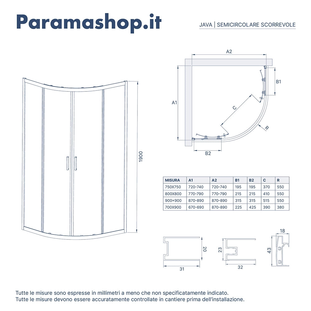 Box doccia 90x90cm semicircolare apertura scorrevole cristallo 6mm opaco | Java