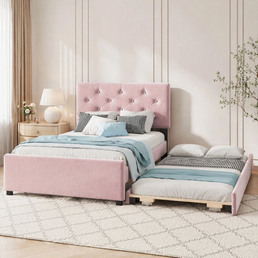 Letto imbottito rosa 90x200 cm in velluto con rete a doghe e letto estraibile
