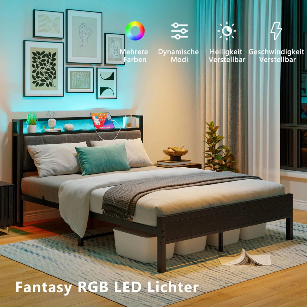 Letto matrimoniale a piattaforma 140 × 200 cm con LED testiera con vano MDF e metallo nero USB e presa