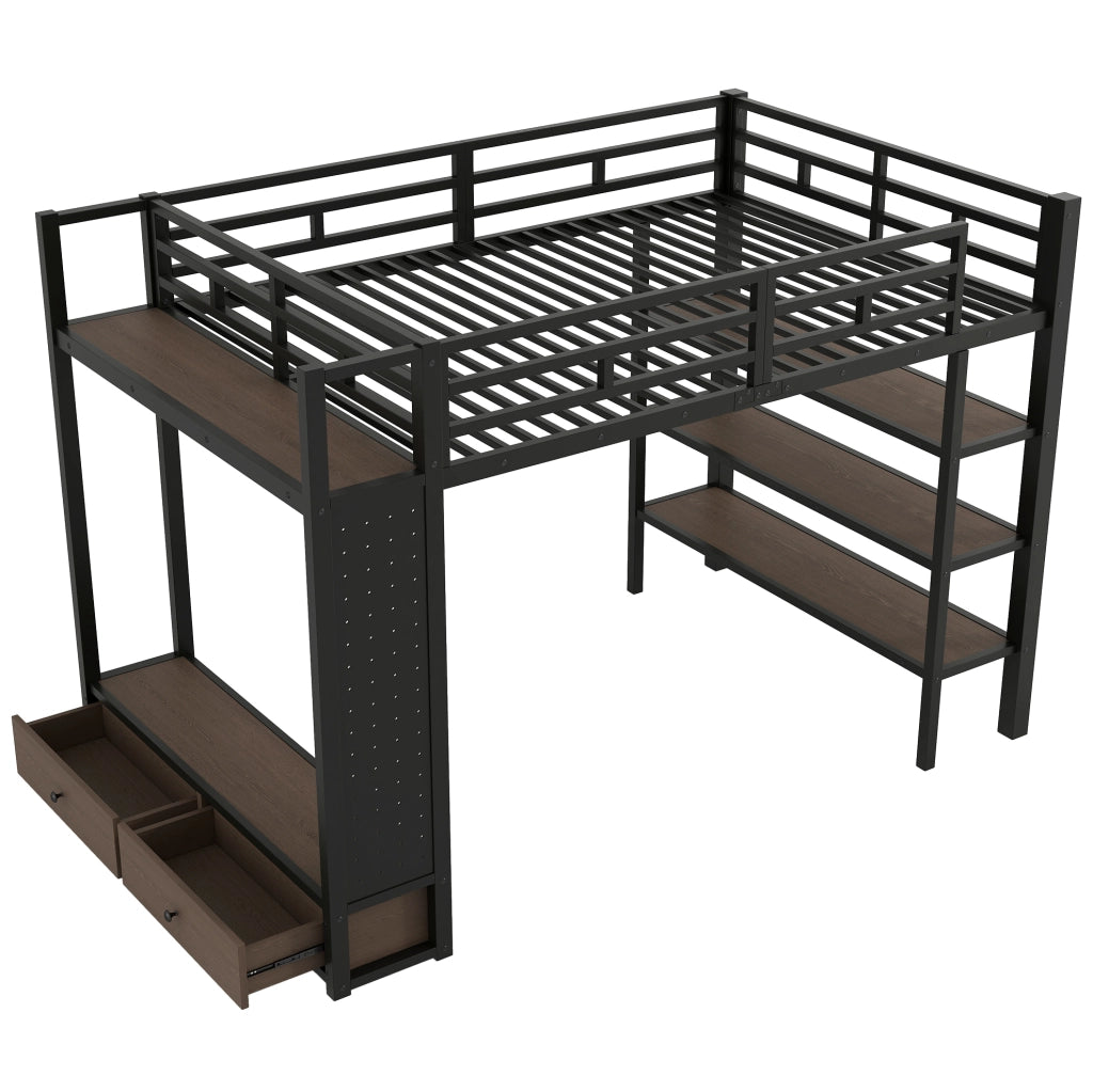 Letto a soppalco in metallo 140x200 nero con armadio aperto, ripiani, pannello forato e illuminazione LED