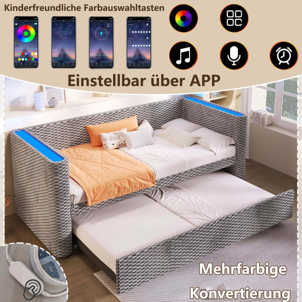 Letto divano estraibile 90 × 200 cm e 180 × 200 cm; 1 o 2 posti; LED multicolore; senza materasso; velluto grigio