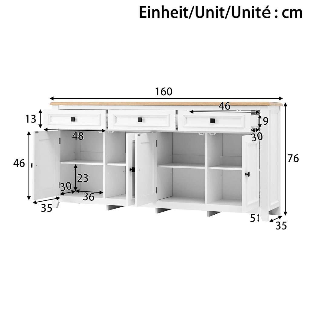 Credenza e madia moderna con 4 ante, 3 cassetti e ripiani regolabili in MDF bianco per soggiorno e camera da letto