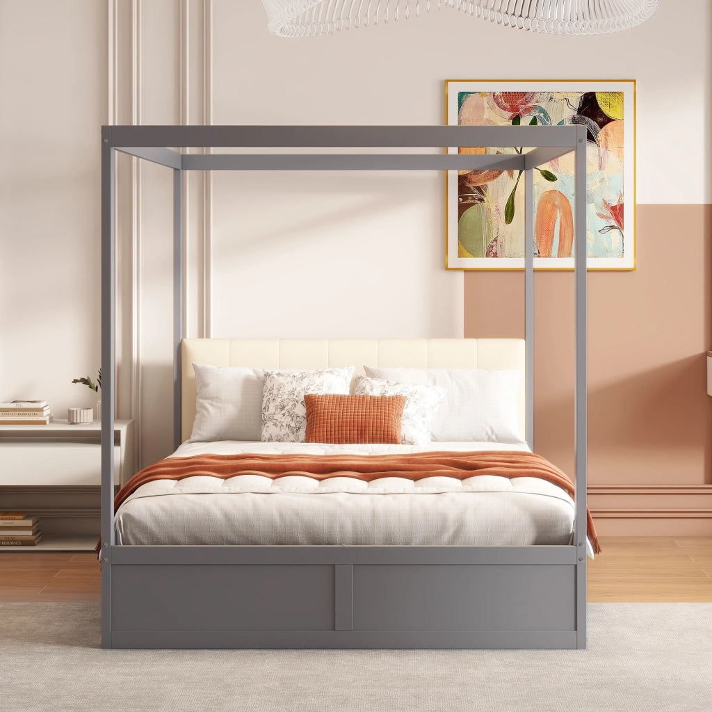 Letto a tenda 140x200 cm con due cassetti; schienale imbottito e struttura in legno; grigio e bianco