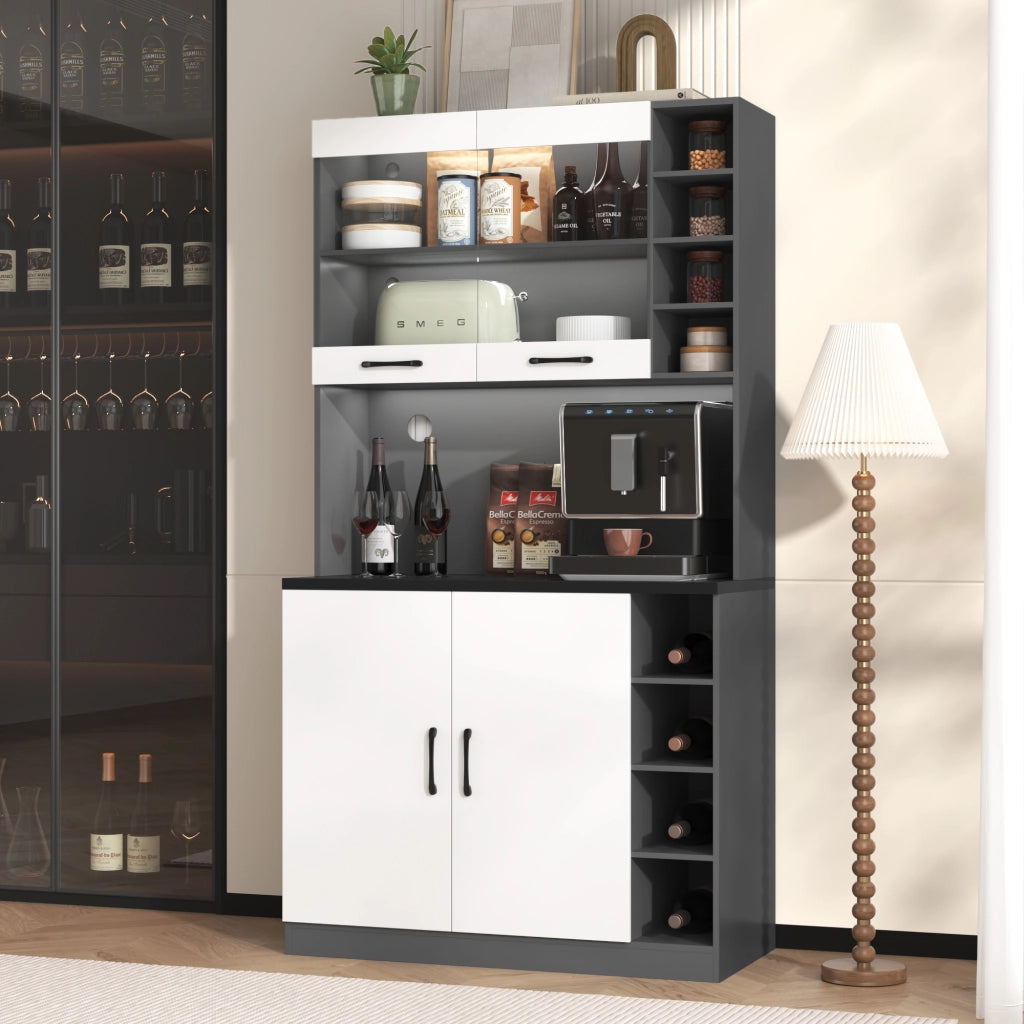Mobile colonna da cucina con vano per microonde; ripiani regolabili e LED grigio e bianco 100 × 47 × 187 cm