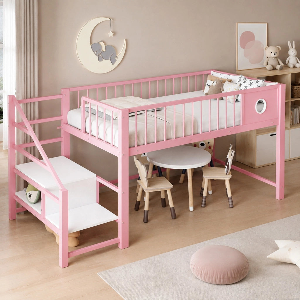 Letto a soppalco 90 × 200 cm con scala contenitore e vano sottoletto in MDF e metallo rosa per bambini e ragazzi
