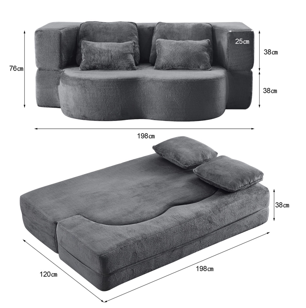 Divano letto da pavimento pieghevole blu e grigio con 4 cuscini