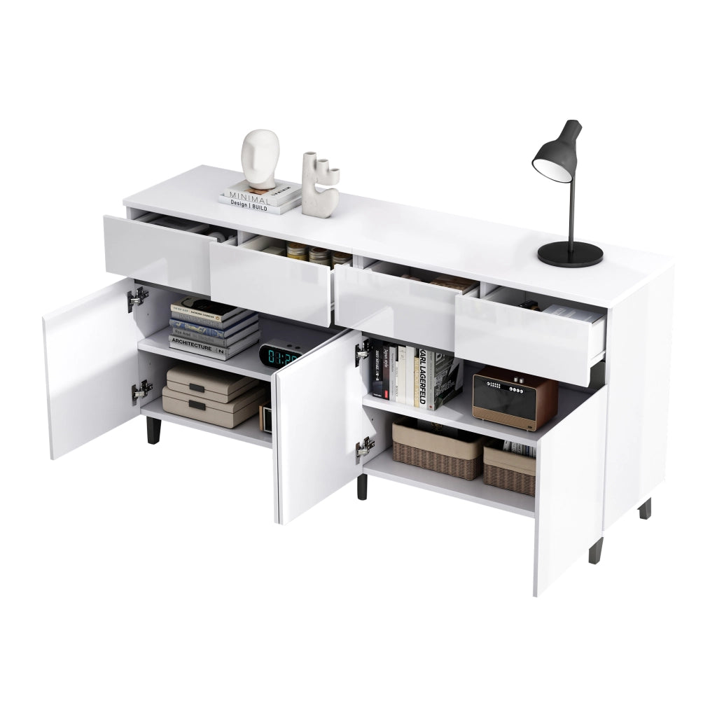 Credenza Bianca Lucida Mobile Buffet 160 cm con 4 Cassetti e 2 Ante