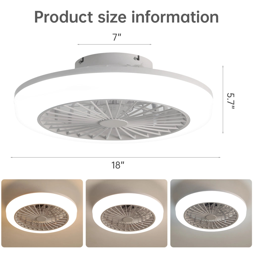 Ventilatore da soffitto 46 cm con luce LED dimmerabile, telecomando e motore DC silenzioso, design senza pale per camera, cucina e sala da pranzo