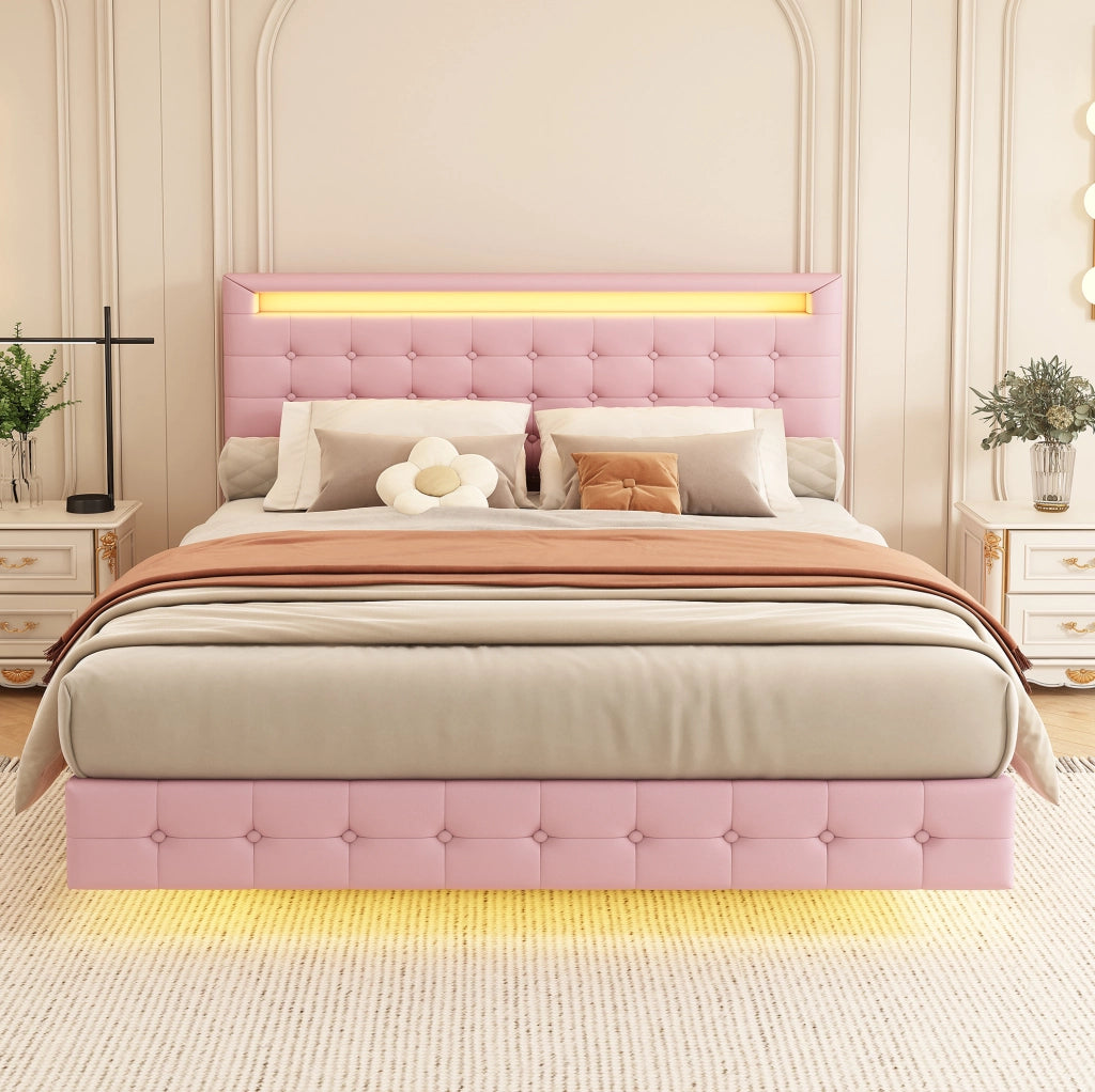 LETTO fluttuante 140x200 cm PU rosa con LED e testiera regolabile