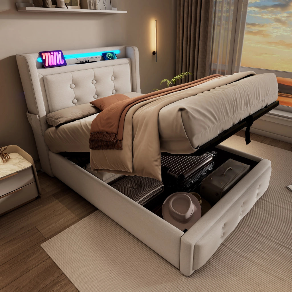 Letto singolo imbottito 90 ¡Á 200 cm con materasso contenitore LED prese USB e Type C tessuto cotone lino beige